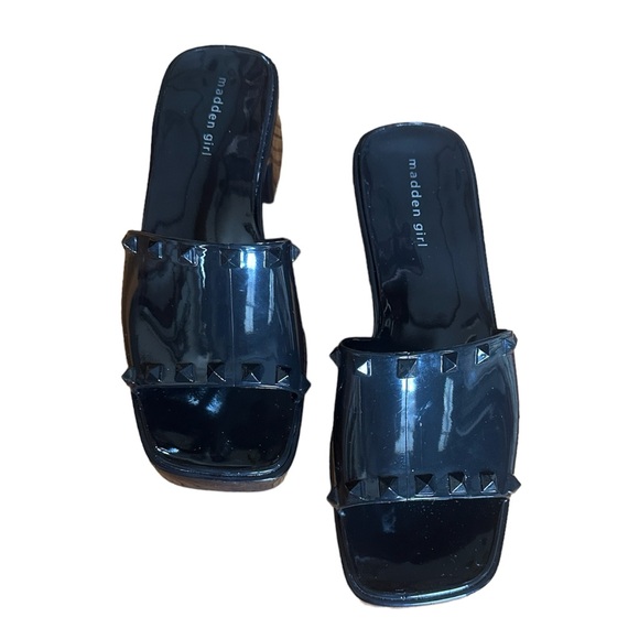 Madden Girl Paccer Shiny Black Studded Platform Heeled Jelly Slide Sandals 8.5 - Picture 5 of 13